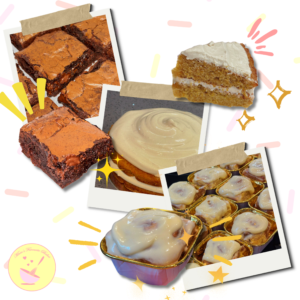 Dessert Package featuring carrot cake with maple frosting, small batch brownies and mini cinnamon rolls.