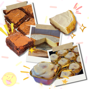 Celebration dessert package featuring small batch brownies, New York Cheesecake and mini cinnamon rolls